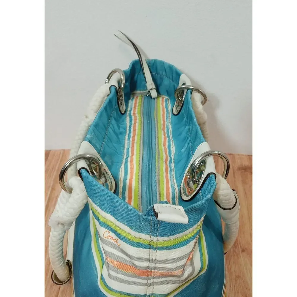 Coach Nautical Beach Multi Stripe East West Tote Bag Purse Seahorse Charm RARE